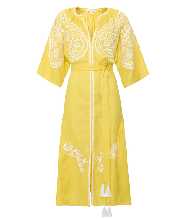 yellow white linen embroidered areti dress normal
