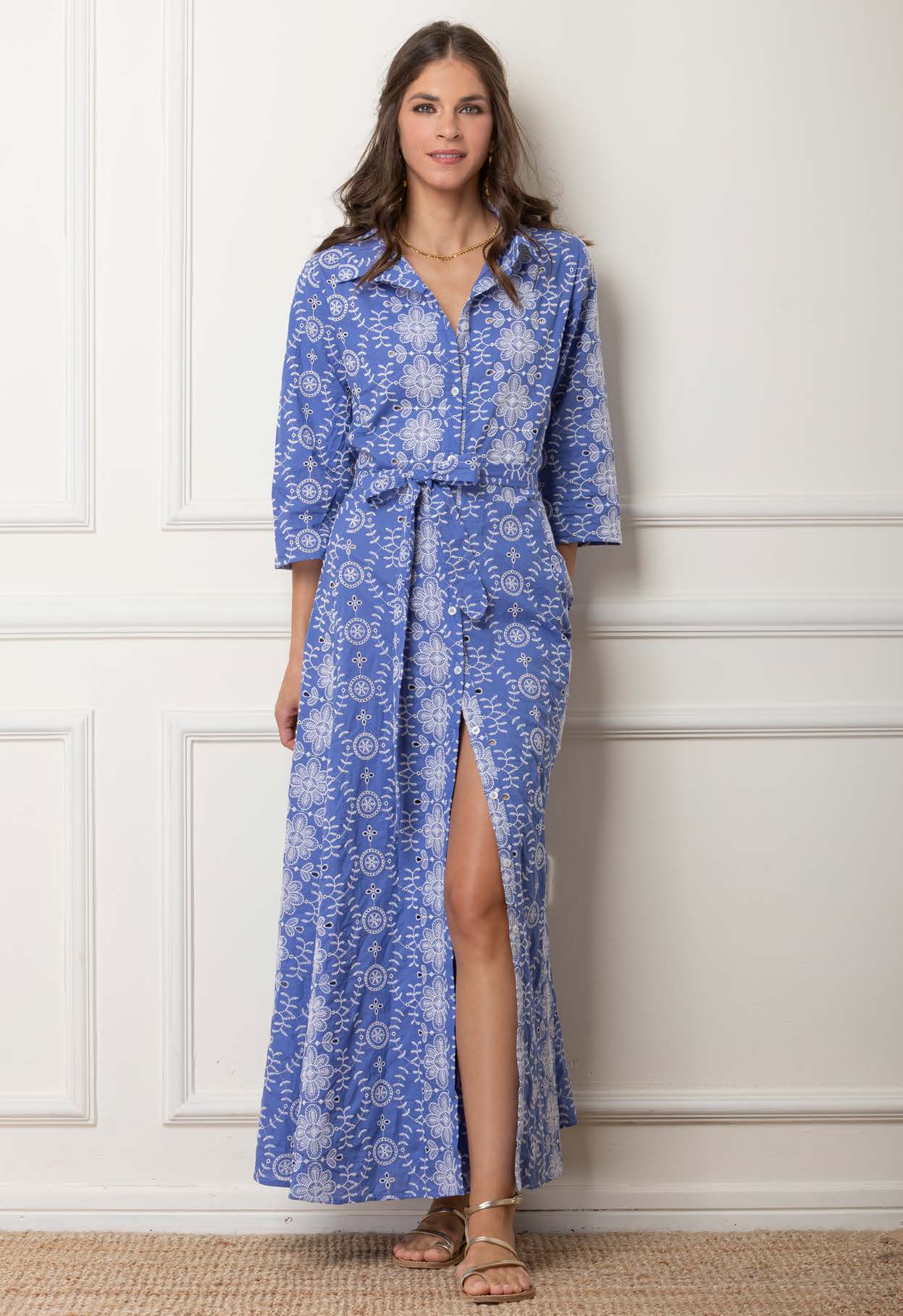 Etoile Coral blue maxi drwss with ehite embroidery ISMINI MAXI DRESS 1