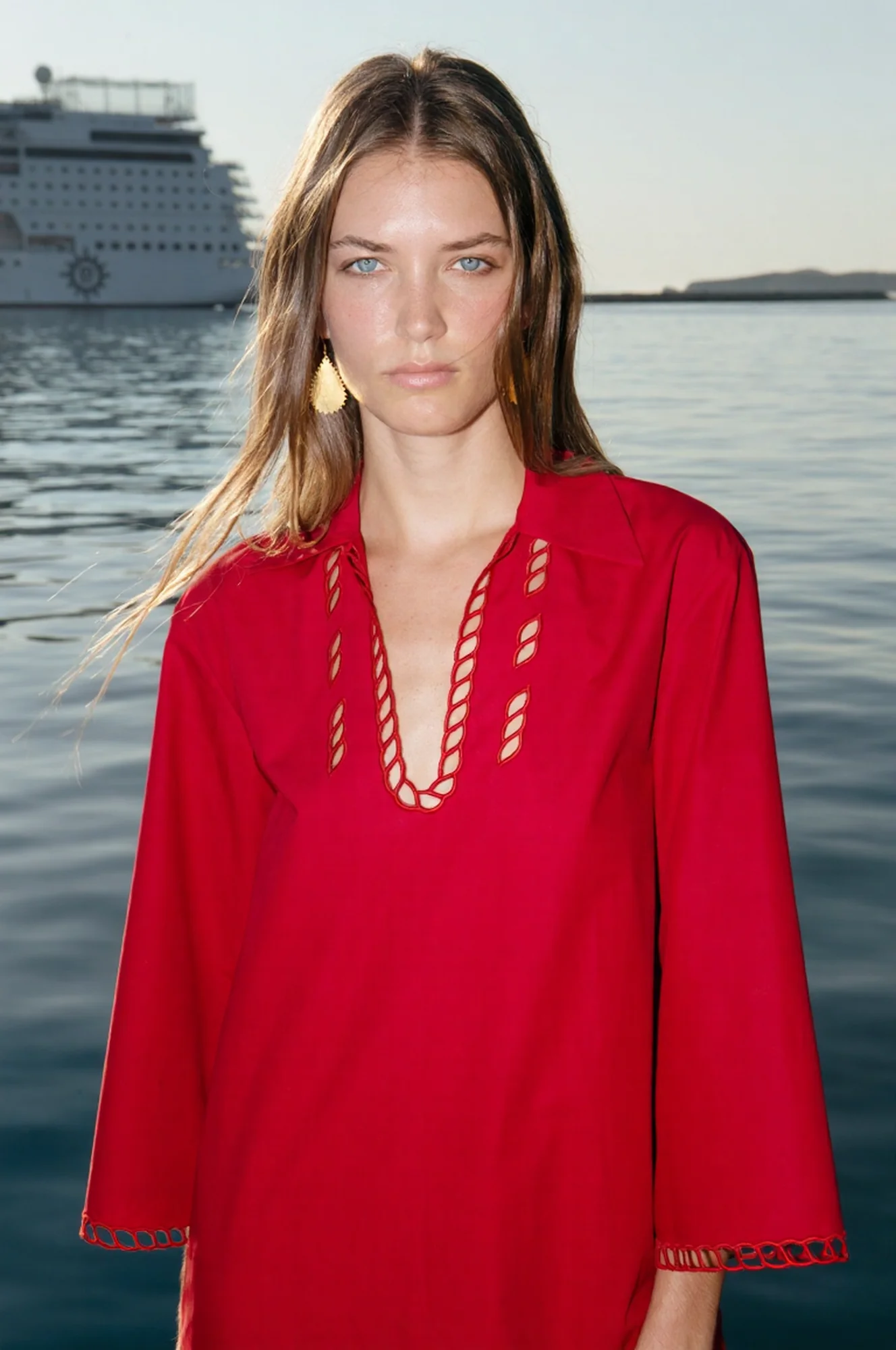 ANCIENT KALLOS SCHINOUSA CUT EMBROIDERED SHIRT DRESSc