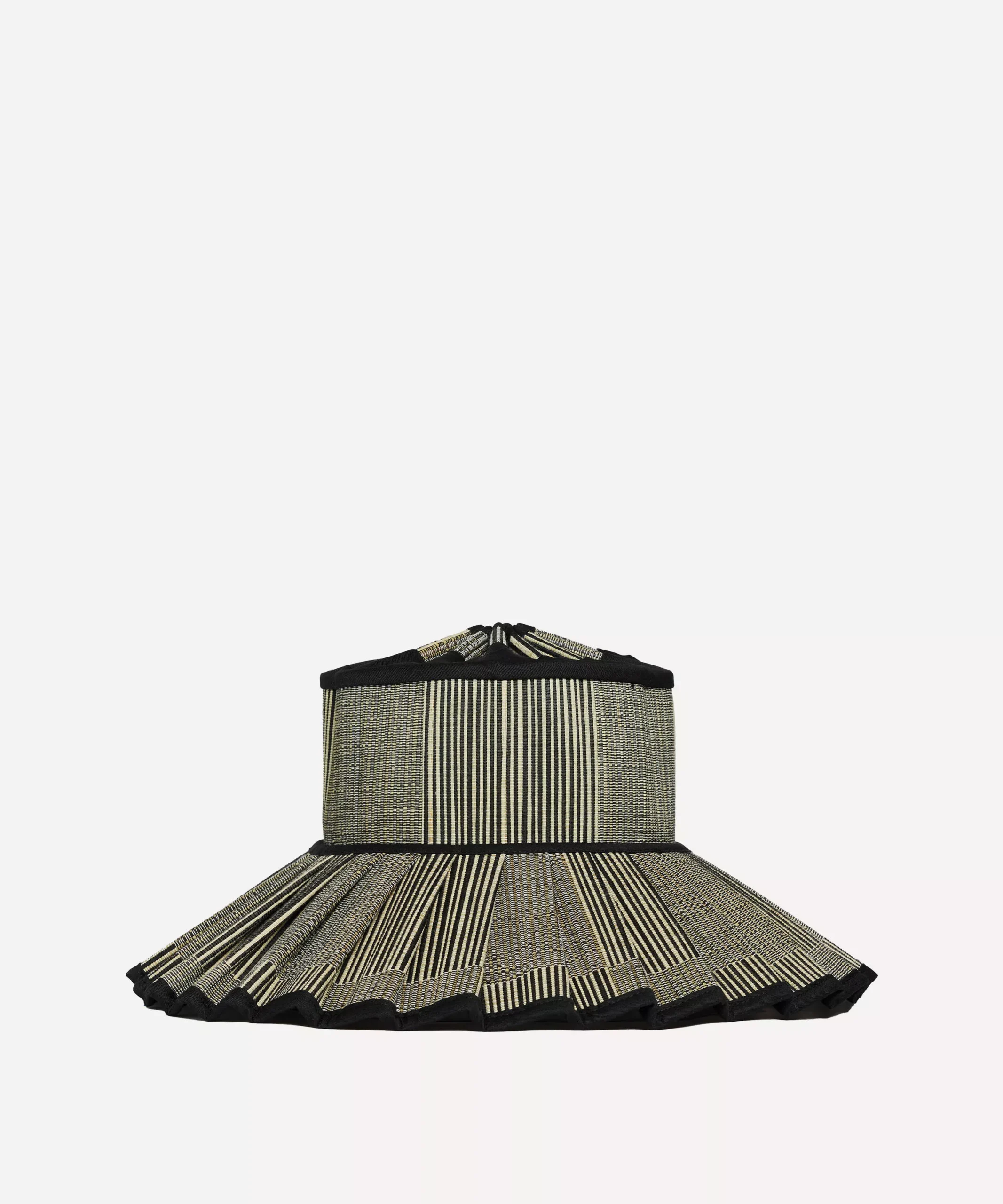 Lorna Murray - Woven straw sun hat with black and gold vertical stripe pattern and pleated brim