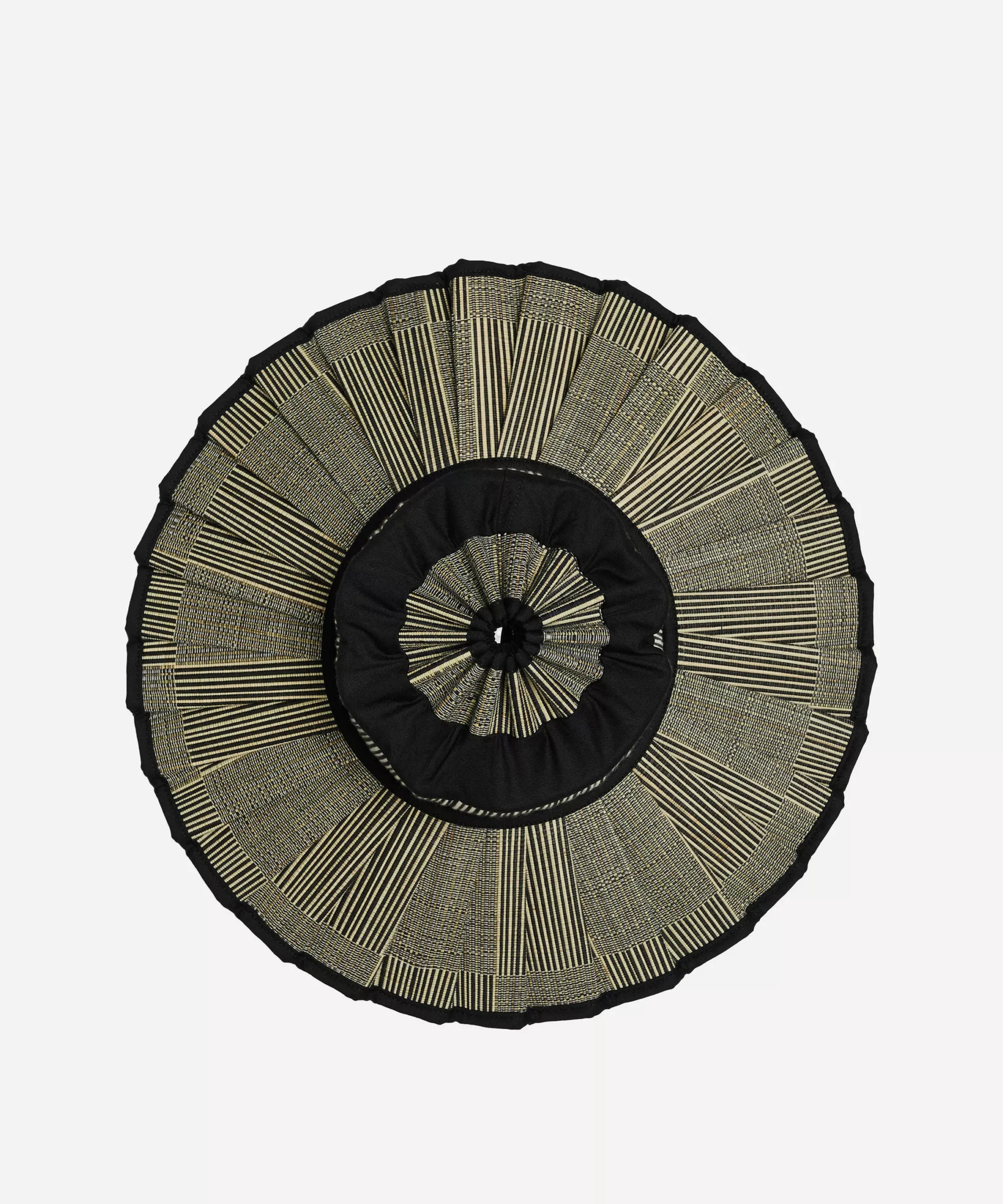 Lorna Murray - Woven straw sun hat with black and gold vertical stripe pattern and pleated brim