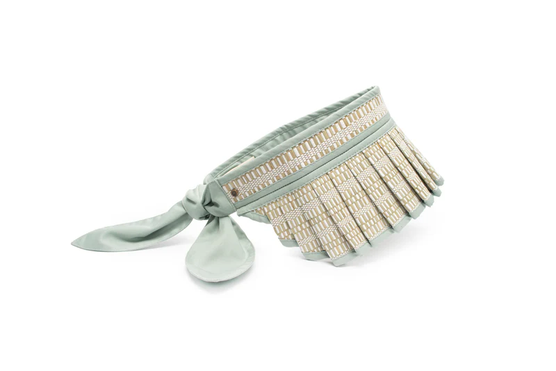 Lorna Murray - Polynesia woven straw sun visor with sage green tie ribbon and pleated brim