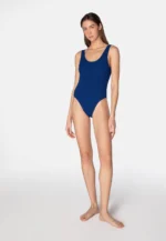 Sorbet Island Riva Blueberry deep blue one piece swimsuit scoop neck textured crinkle swimwear caprice clothing model