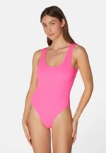 Sorbet Island Riva Pink Bubble Gum pastel pink one piece swimsuit scoop neck textured crinkle swimwear caprice clothing model