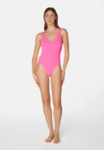 Sorbet Island Riva Pink Bubble Gum pastel pink one piece swimsuit scoop neck textured crinkle swimwear caprice clothing model