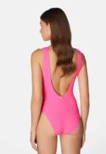 Sorbet Island Riva Pink Bubble Gum pastel pink one piece swimsuit scoop neck textured crinkle swimwear caprice clothing back