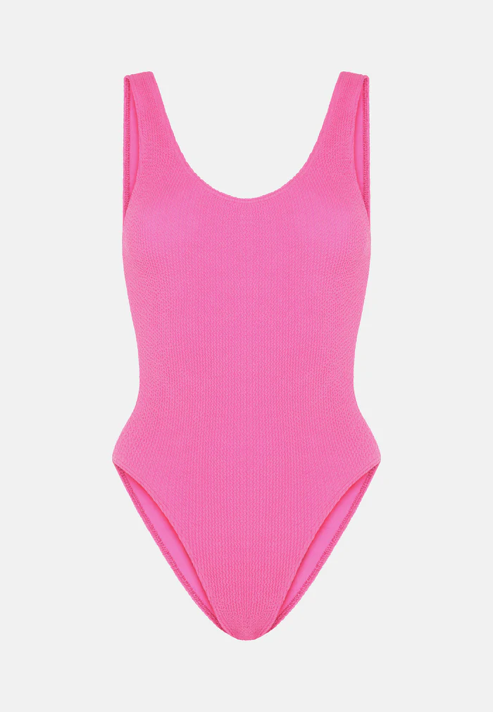 Sorbet Island Riva Pink Bubble Gum pastel pink one piece swimsuit scoop neck textured crinkle swimwear caprice clothing
