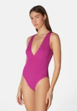 Sorbet Island Ariel Acai deep purple one piece swimsuit deep V neck textured crinkle swimwear caprice clothing