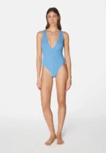 Sorbet Island Ariel Blue Bubble Gum pastel blue one piece swimsuit deep V neck textured crinkle swimwear caprice clothing model