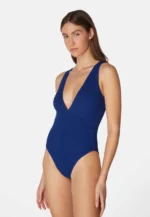 Sorbet Island Ariel Blueberry deep blue one piece swimsuit deep V neck textured crinkle swimwear caprice clothing