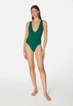 Sorbet Island Stella Kiwi green one piece swimsuit deep V neck textured crinkle swimwear caprice clothing model