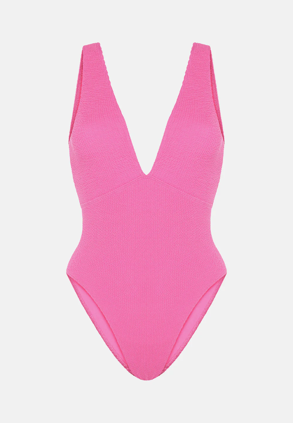 Sorbet Island Ariel Pink Bubble Gum pastel pink one piece swimsuit deep V neck textured crinkle swimwear caprice clothing