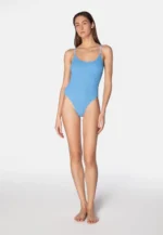 Sorbet Island Jade Blue Bubble Gum pastel blue one piece swimsuit textured crinkle swimwear caprice clothing front