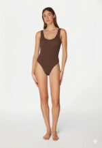 Sorbet Island Riva Choco brown one piece swimsuit scoop neck textured crinkle swimwear caprice clothing model