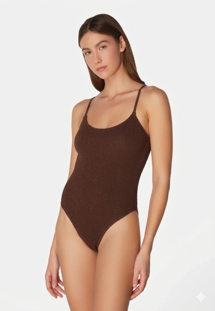 Sorbet Island Jade Choco chocolate brown one piece swimsuit textured crinkle swimwear caprice clothing model